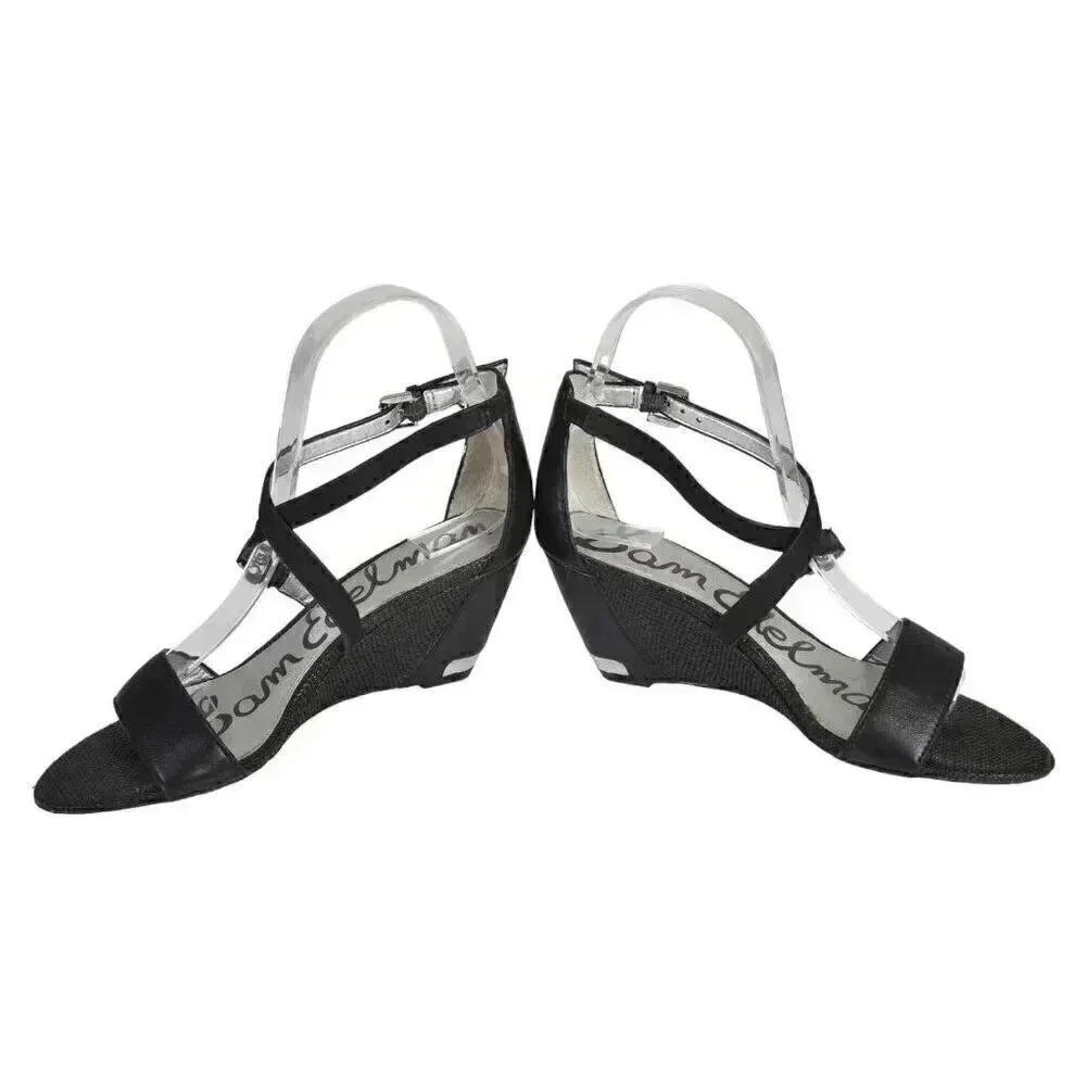 Sam Edelman Leather Wedge Sandal Heel Black Size 6 - Picture 7 of 15